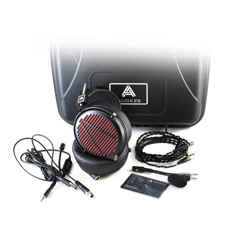 Audeze LCD-GX Headphones side view resting on floor with cable and microphone; and headphone case