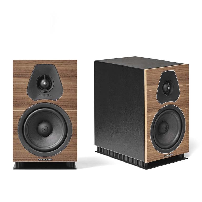A pair of walnut-colored Sonus Faber Lumina II Bookshelf speakers