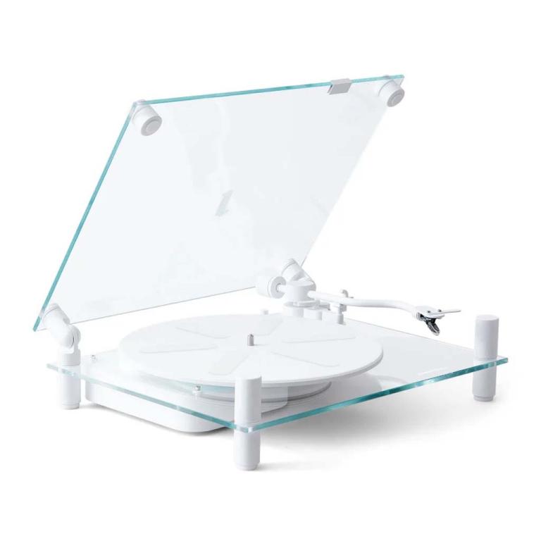 The Transparent Turntable white edition, with the glass cover kept open