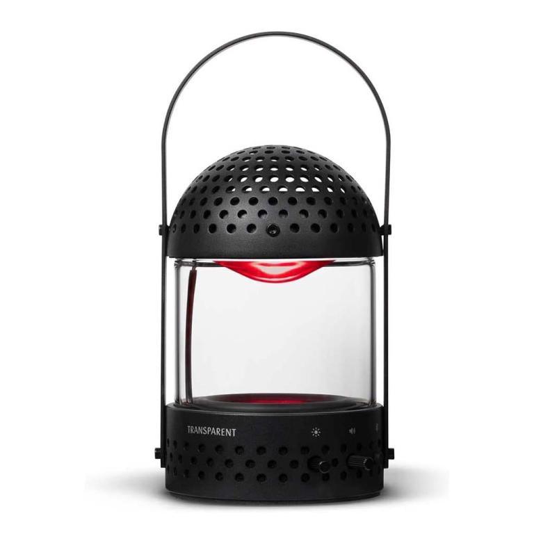 The black variant of the Light Speaker from Transparent, with the lights turned on